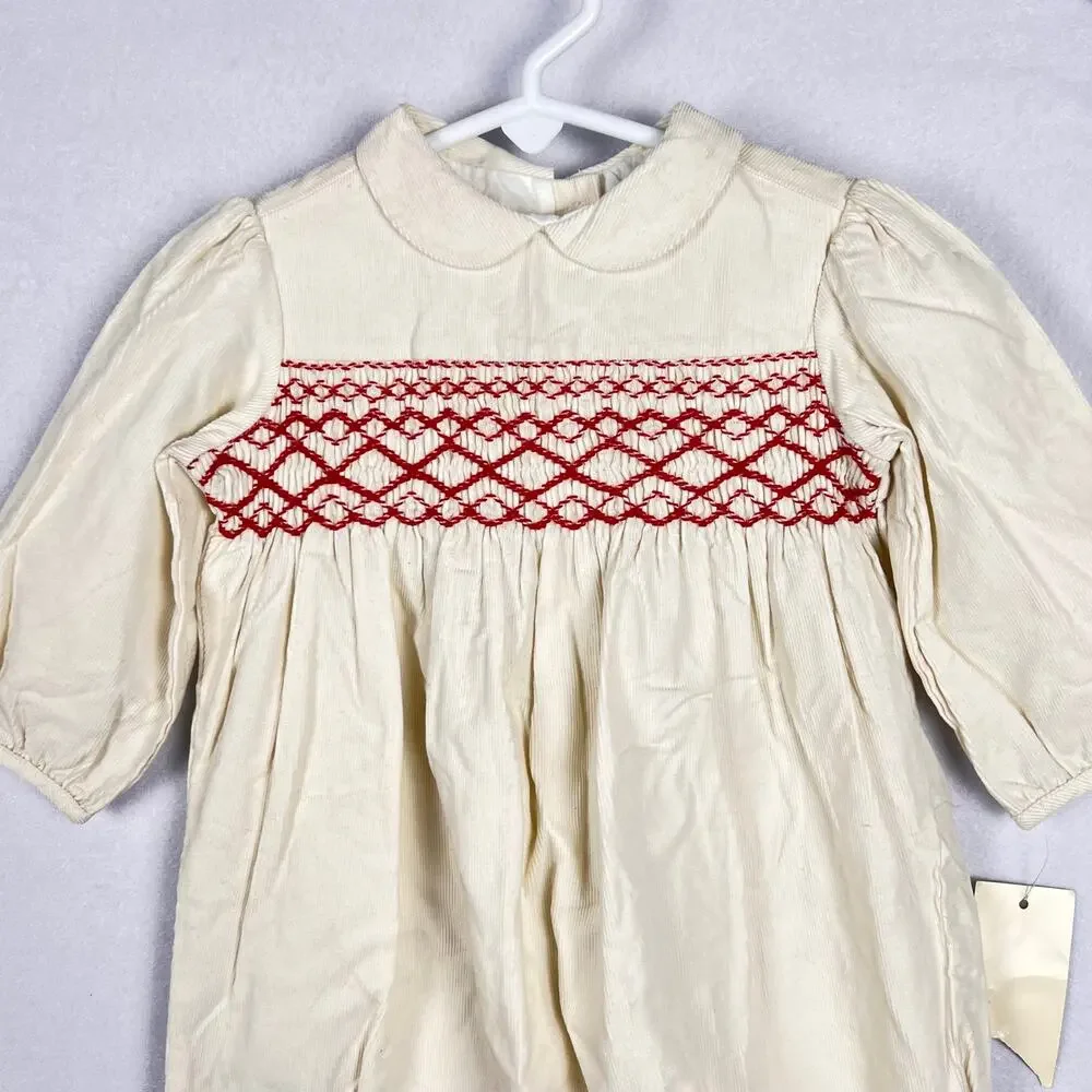 Vintage Ralph Lauren Baby Smocked Corduroy Romper 9M Months Cream Red Holiday